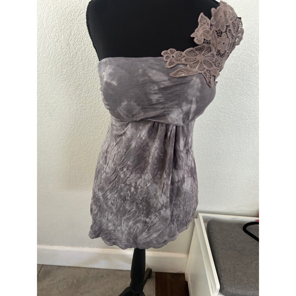 Y2K KTOO Womens Grey Tie Dye One Shoulder Lace Floral Applique Top BA3778 Small